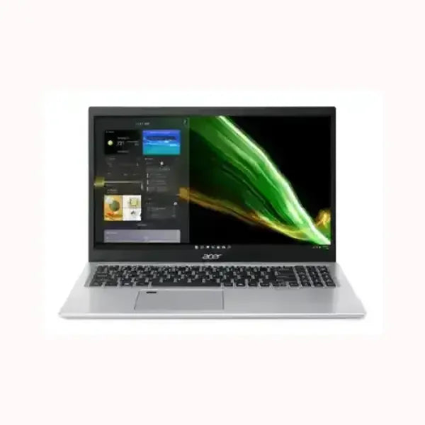 Notebook Acer argento con schermo da 15 pollici tastiera completa e sfondo verde ondulato