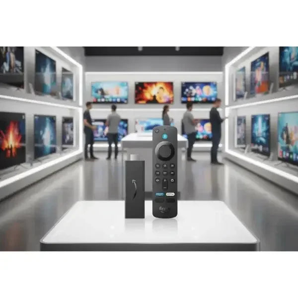 Amazon Fire TV Stick con telecomando in primo piano in un negozio di elettronica