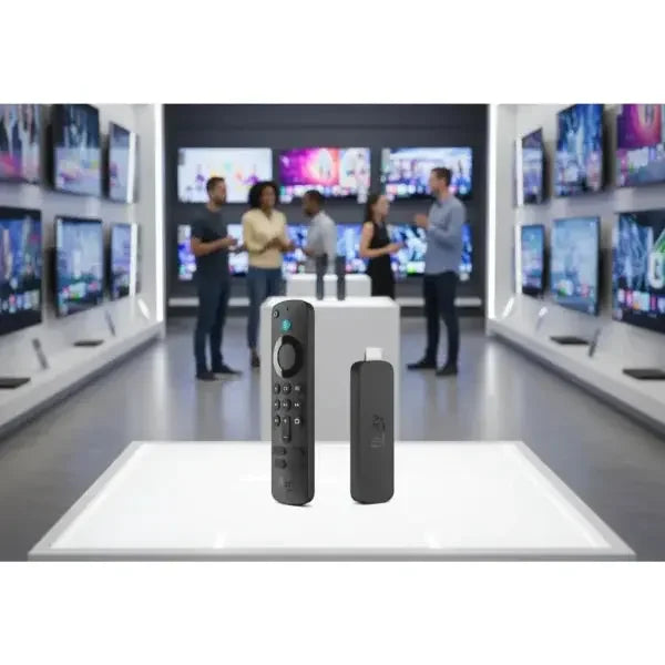 Amazon Fire TV Stick con telecomando in primo piano in un negozio di elettronica