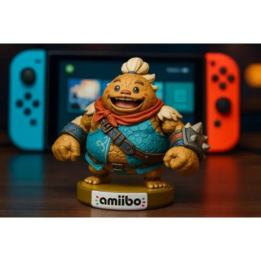 Amiibo Yunobo figure in colorful attire with Nintendo Switch in the background