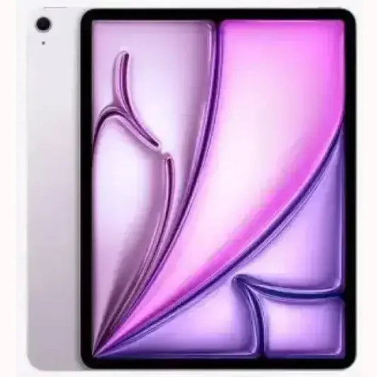 Apple iPad Air argento vista frontale con display viola sfumato e cornice sottile fotocamera posteriore