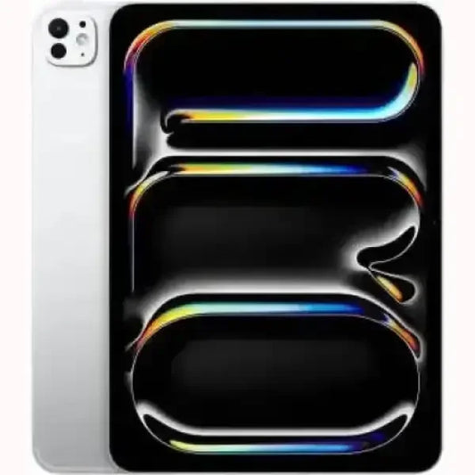Apple iPad Pro 2024 argento con schermo nero e dettagli colorati vista frontale e fotocamera posteriore