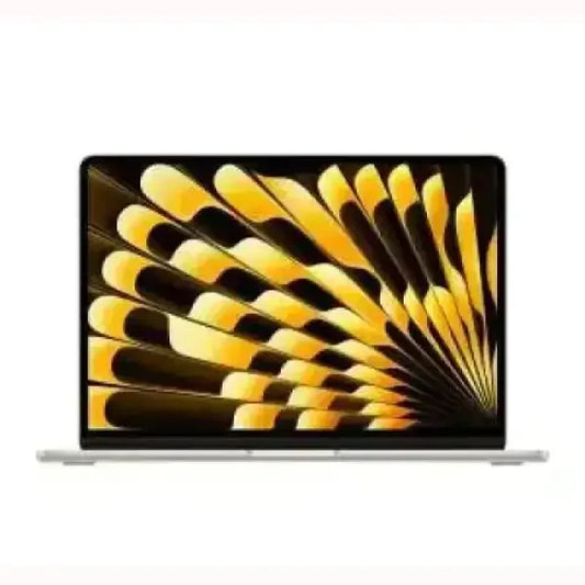 Apple MacBook Air argento aperto vista frontale con schermo Retina e sfondo astratto giallo a ventaglio