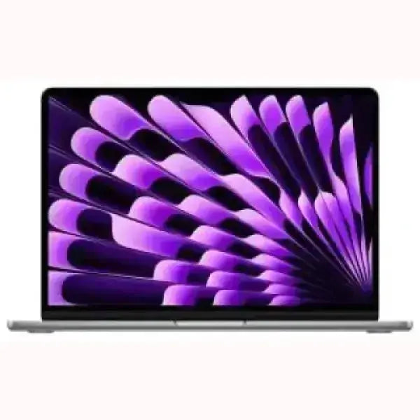 Apple MacBook Air color argento aperto vista frontale con sfondo viola astratto e display luminoso