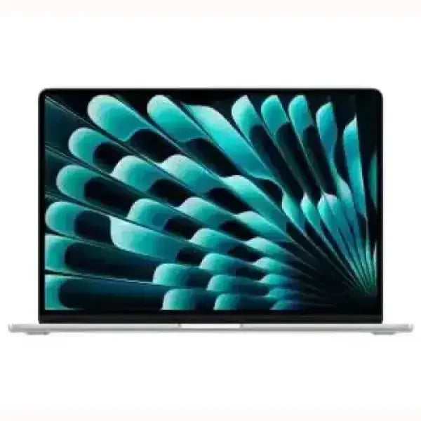 Apple MacBook Air sottile argento con display Retina acceso e grafica astratta blu verde portatile leggero per lavoro