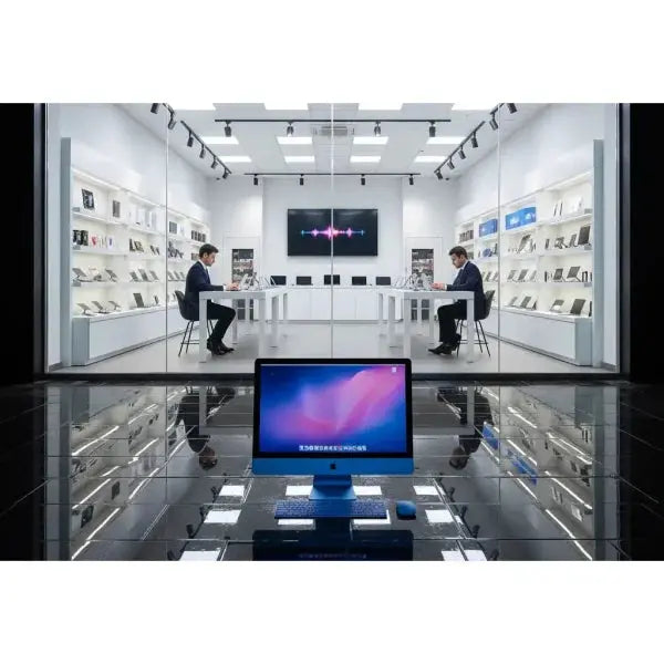 iMac esposto in un negozio Apple con due persone sedute all'interno del negozio tecnologico moderno