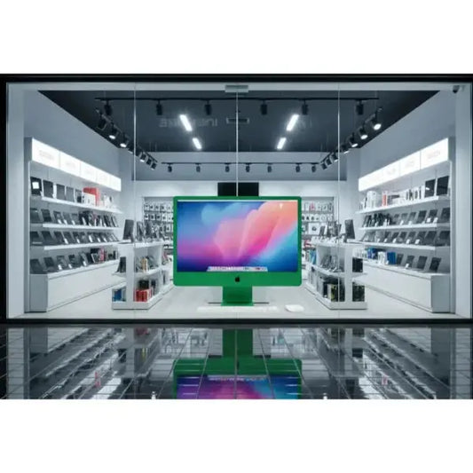 Negozio Apple con Mac e accessori esposti su scaffali, vetrina moderna e luminosa