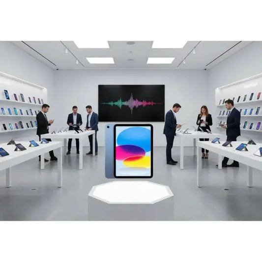 Apple Tablet in esposizione in un negozio moderno con clienti che esplorano vari dispositivi