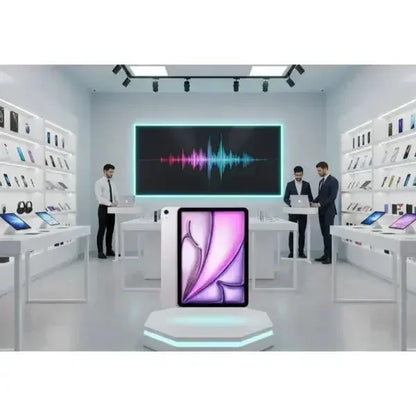 Apple iPad Air esposto in un moderno showroom con dispositivi elettronici e personale di vendita
