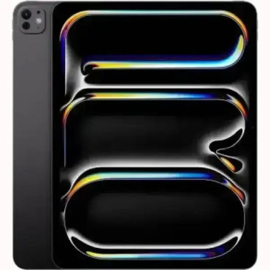 Tablet Apple nero con schermo luminoso e doppia fotocamera posteriore quadrata