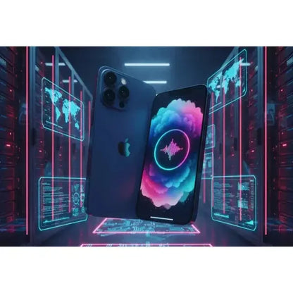Apple iPhone 14 in blu con display vibrante e design elegante in un ambiente futuristico