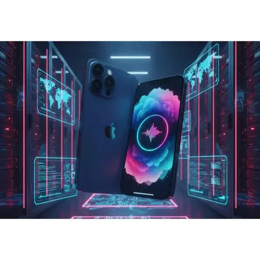 Apple iPhone 14 in blu con display vibrante e design elegante in un ambiente futuristico