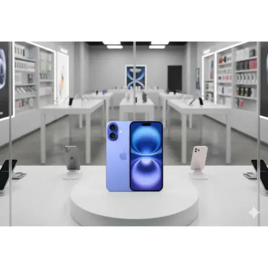 Smartphone Apple con design elegante e display luminoso, esposto in un negozio tecnologico