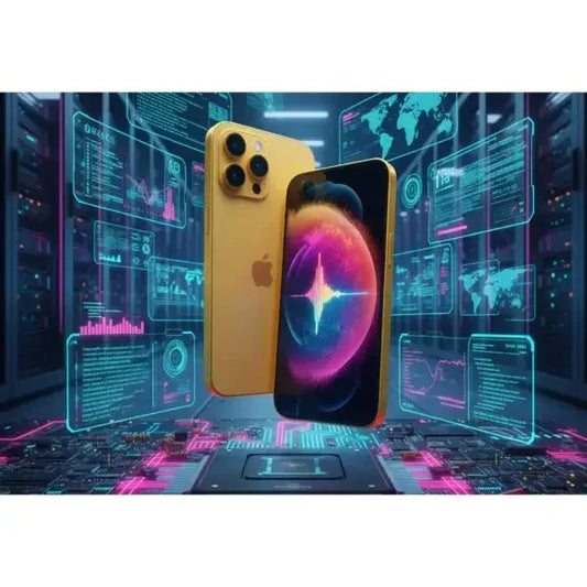 Apple iPhone 14 in oro con tre fotocamere e sfondo futuristico di dati digitali
