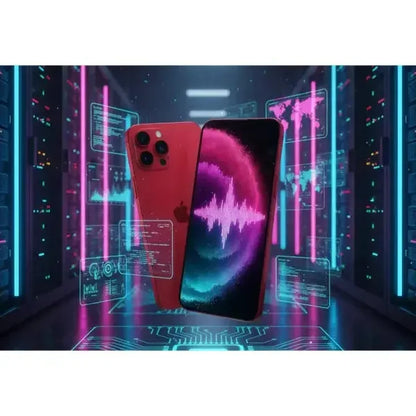 iPhone 14 rosso con design elegante e potente tecnologia fotografica in ambiente futuristico