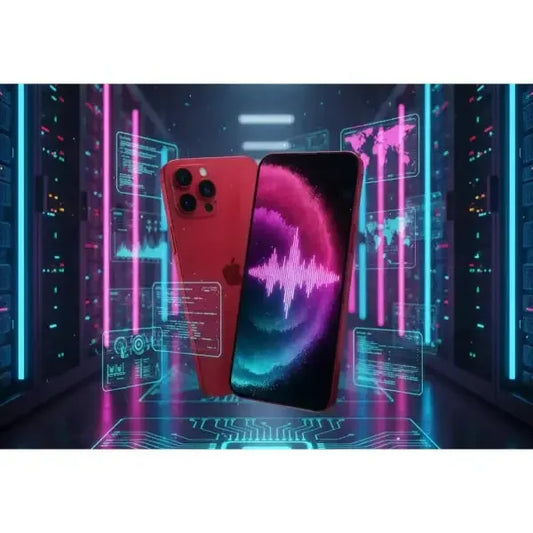 iPhone 14 rosso con design elegante e potente tecnologia fotografica in ambiente futuristico