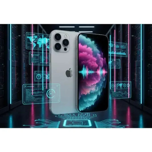 Apple iPhone 14 con design elegante e sfondi colorati su uno sfondo futuristico