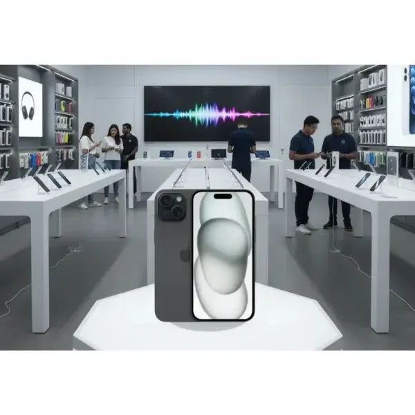 Apple iPhone 15 esposto in un negozio con altri prodotti tecnologici visibili sullo sfondo