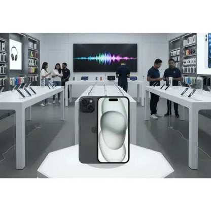 Apple iPhone 15 esposto in un negozio con altri prodotti tecnologici visibili sullo sfondo