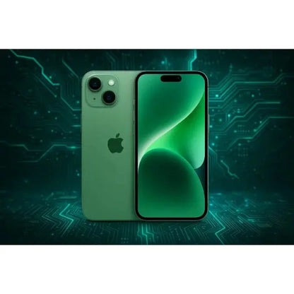 Apple iPhone 15 verde con schermo luminoso e design elegante sullo sfondo tecnologico