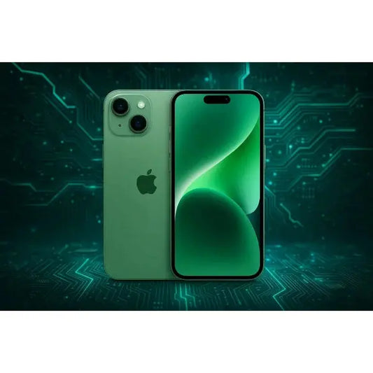 Apple iPhone 15 verde con schermo luminoso e design elegante sullo sfondo tecnologico