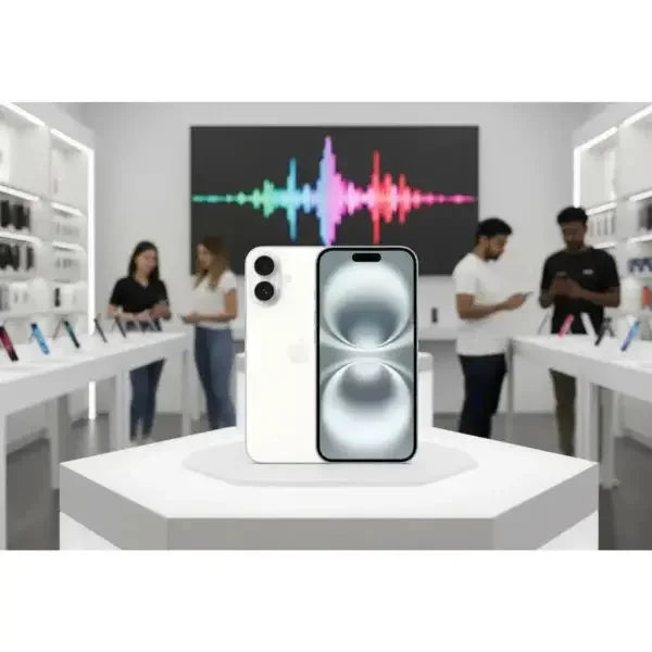 Apple iPhone 16 con display luminoso, esposto in un negozio moderno di elettronica