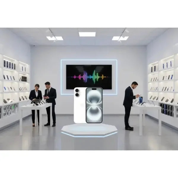 Apple iPhone 16 in un negozio di tecnologia con dipendenti e clienti durante una dimostrazione