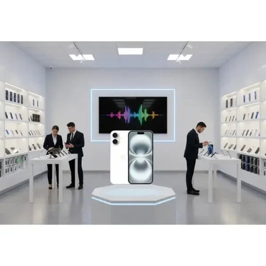 Apple iPhone 16 in un negozio di tecnologia con dipendenti e clienti durante una dimostrazione