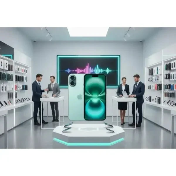 Apple iPhone 16 in un ambiente di negozio moderno con espositori eleganti