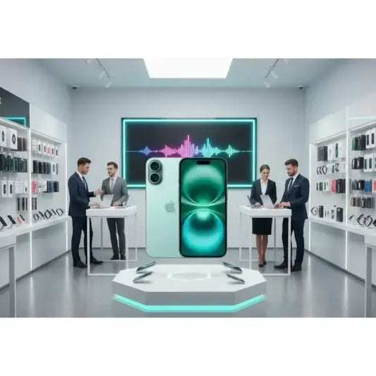 Apple iPhone 16 in un ambiente di negozio moderno con espositori eleganti