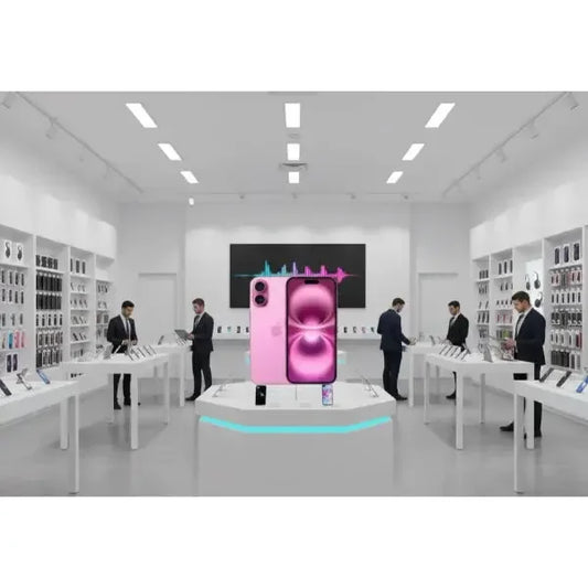 iPhone 16 in rosa esposto in un negozio di elettronica moderna con clienti interessati