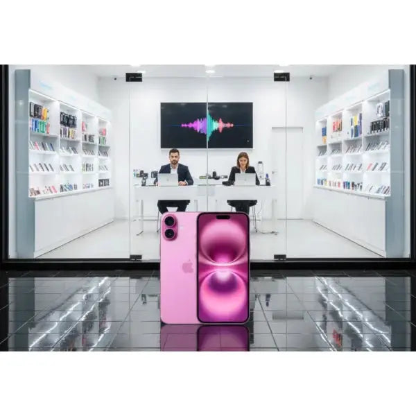 Apple iPhone 16 Plus in rosa con display mozzafiato in un negozio di elettronica moderno