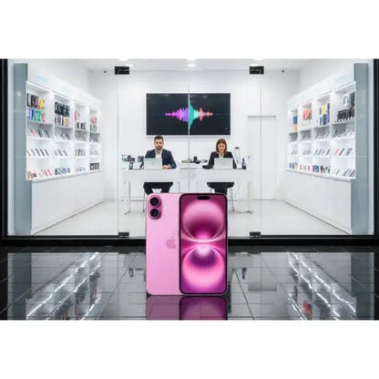 Apple iPhone 16 Plus in rosa con display mozzafiato in un negozio di elettronica moderno