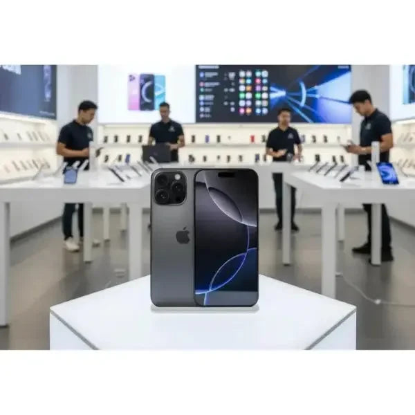 iPhone 16 Pro Max in grigio su supporto in un negozio Apple con personale in background