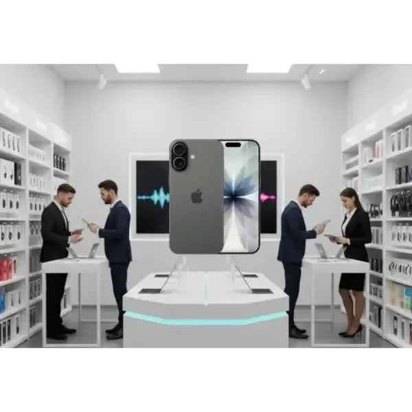 iPhone 17 in un centro commerciale con clienti che esplorano smartphone e accessori