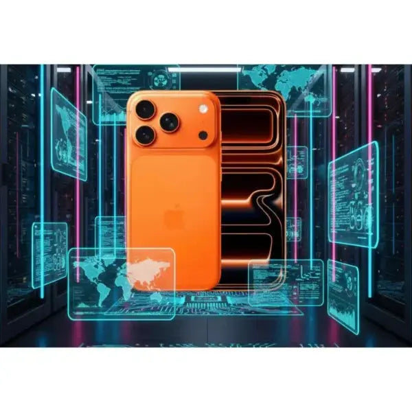 Apple iPhone 17 Pro arancione con tre fotocamere e design moderno in uno sfondo futuristico