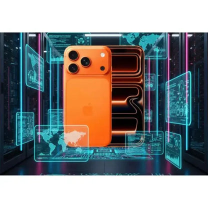 Apple iPhone 17 Pro arancione con tre fotocamere e design moderno in uno sfondo futuristico