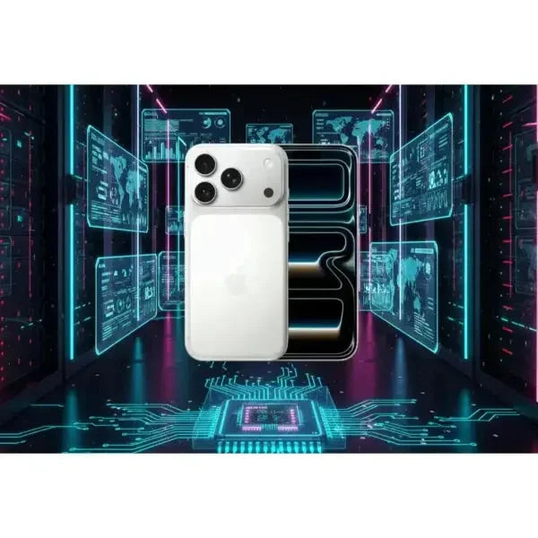 Apple iPhone 17 Pro in bianco con tripla fotocamera e design elegante su sfondo futuristico