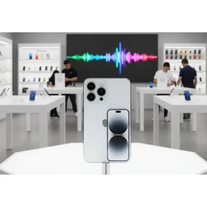 Apple iPhone 17 Pro Max in bianco con tripla fotocamera, esposto in negozio di elettronica moderno