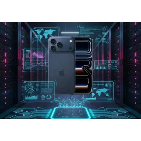 iPhone 17 Pro Max in grigio su sfondo futuristico con grafica digitale