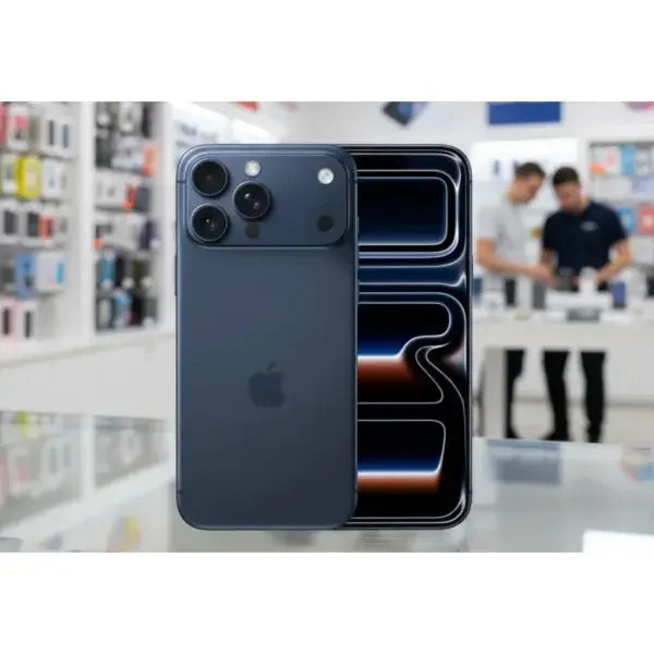 Apple iPhone 17 Pro Max in blu con tripla fotocamera sul retro e schermo luminoso