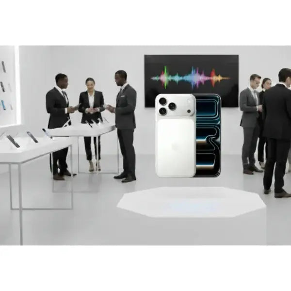 Apple iPhone 17 Pro Max in bianco, presente in un evento di lancio nel design elegante