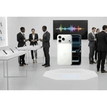 Apple iPhone 17 Pro Max in bianco, presente in un evento di lancio nel design elegante