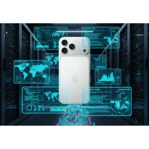 Apple iPhone 17 Pro Max in bianco con grafica futuristica di analisi dati sullo sfondo