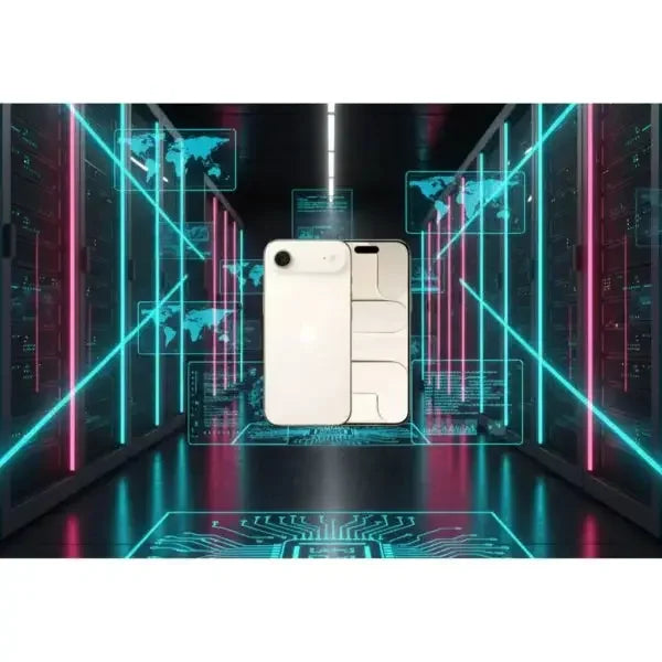 Apple iPhone bianco con design elegante, sfondo futuristico di server e tecnologia avanzata
