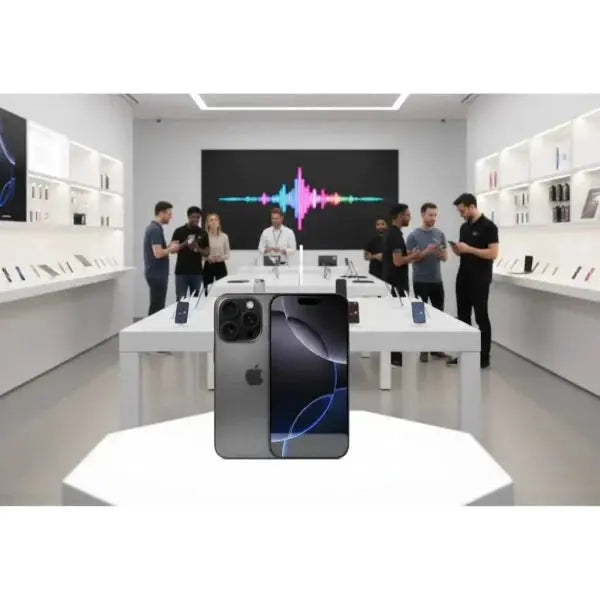 Apple iPhone in vetrina di un negozio moderno con clienti e espositori di smartphone