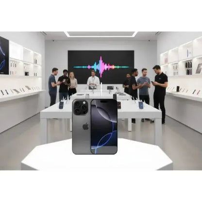 Apple iPhone in vetrina di un negozio moderno con clienti e espositori di smartphone