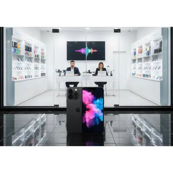 Apple iPhone in vetrina di un negozio con sfondo moderno e due venditori in servizio