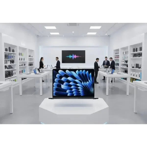 Negozio Apple con esposizione di vari dispositivi e un MacBook Air in primo piano