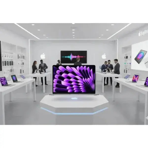 Interno di un negozio Apple con vari prodotti, inclusi Apple MacBook Air in esposizione su tavoli bianchi